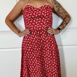 Betsey Johnson Silk, Vintage, Nautical, Pin-up, Swing Dress, Red, Size L (8-10)